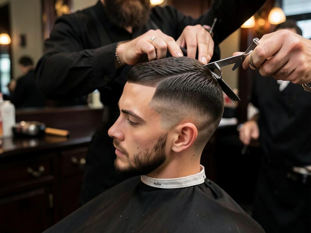 Barbeiro fazendo corte degradê em cliente