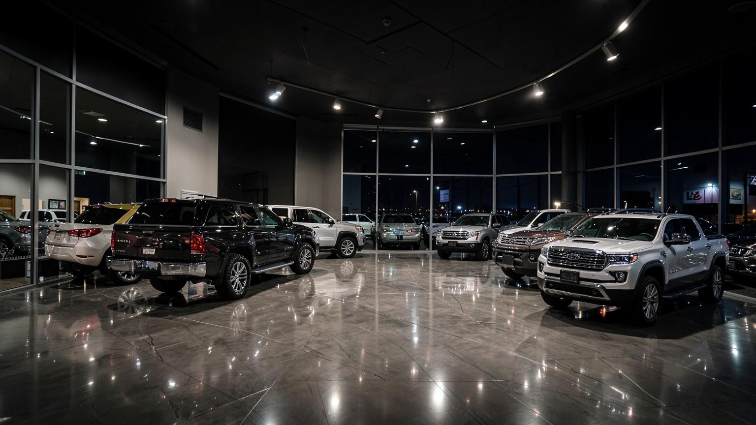 Showroom de concessionária premium à noite com picapes e SUVs iluminados