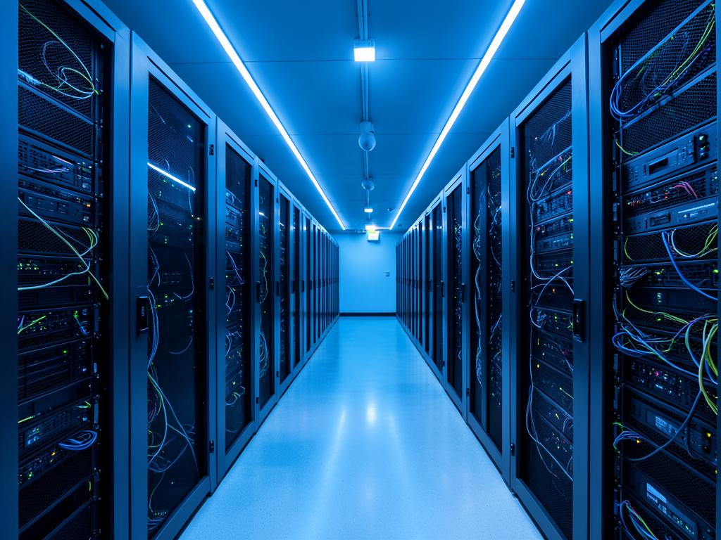 Corredor de data center com iluminação azul
