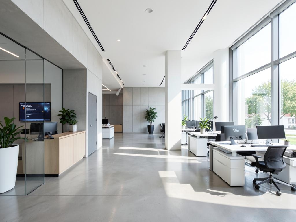 Recepção de escritório corporativo moderno e iluminado