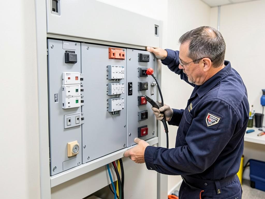 Eletricista trabalhando em quadro de energia com disjuntores