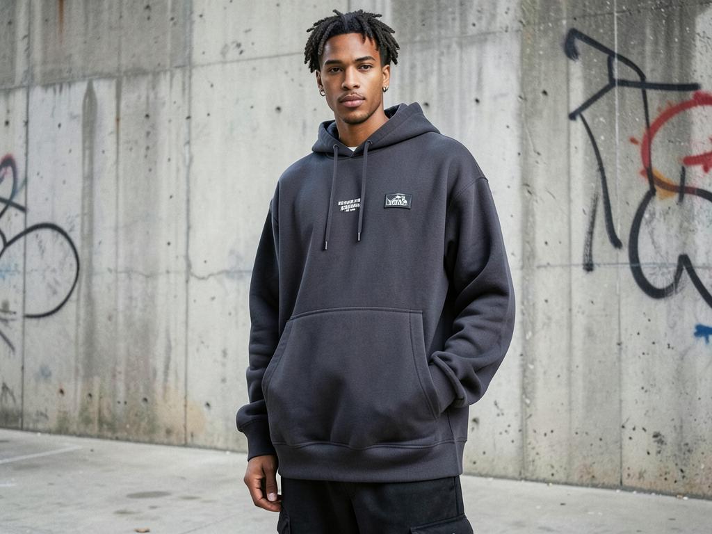 Modelo vestindo moletom oversized em frente a muro de concreto
