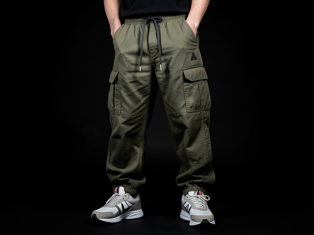 Calça cargo e tênis em fundo escuro