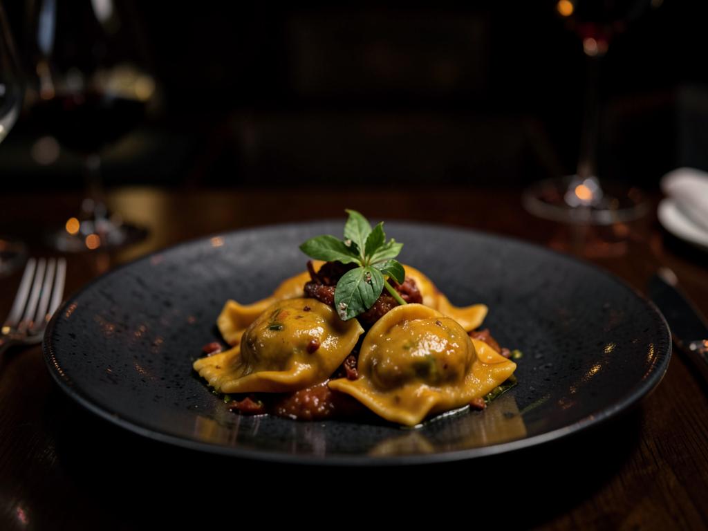 Prato de ravioli em louça escura