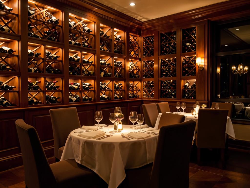 Salão de restaurante elegante com adega e mesas postas à luz de velas