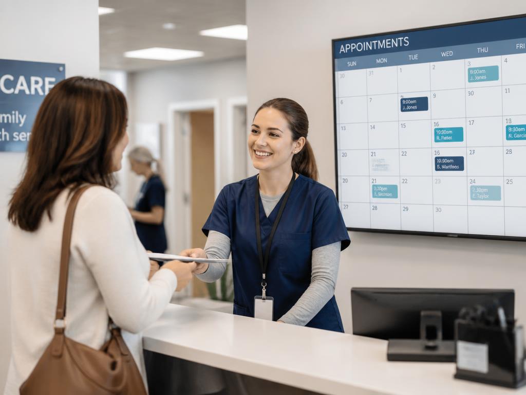 Profissional atendendo uma cliente na recepção de uma clínica moderna
