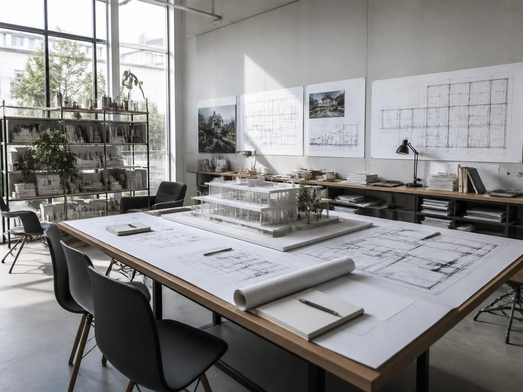 Escritório de arquitetura com maquete e plantas sobre a mesa de trabalho