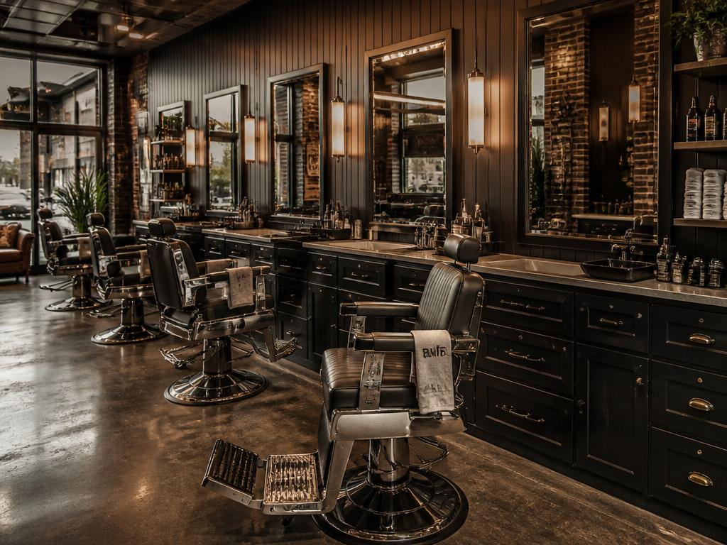 Interior de uma barbearia moderna com cadeiras de barbeiro e iluminação premium