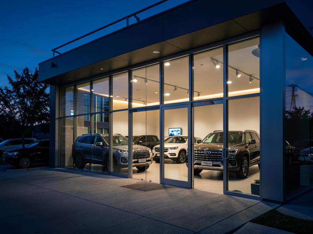 Fachada iluminada de uma concessionária de carros ao entardecer