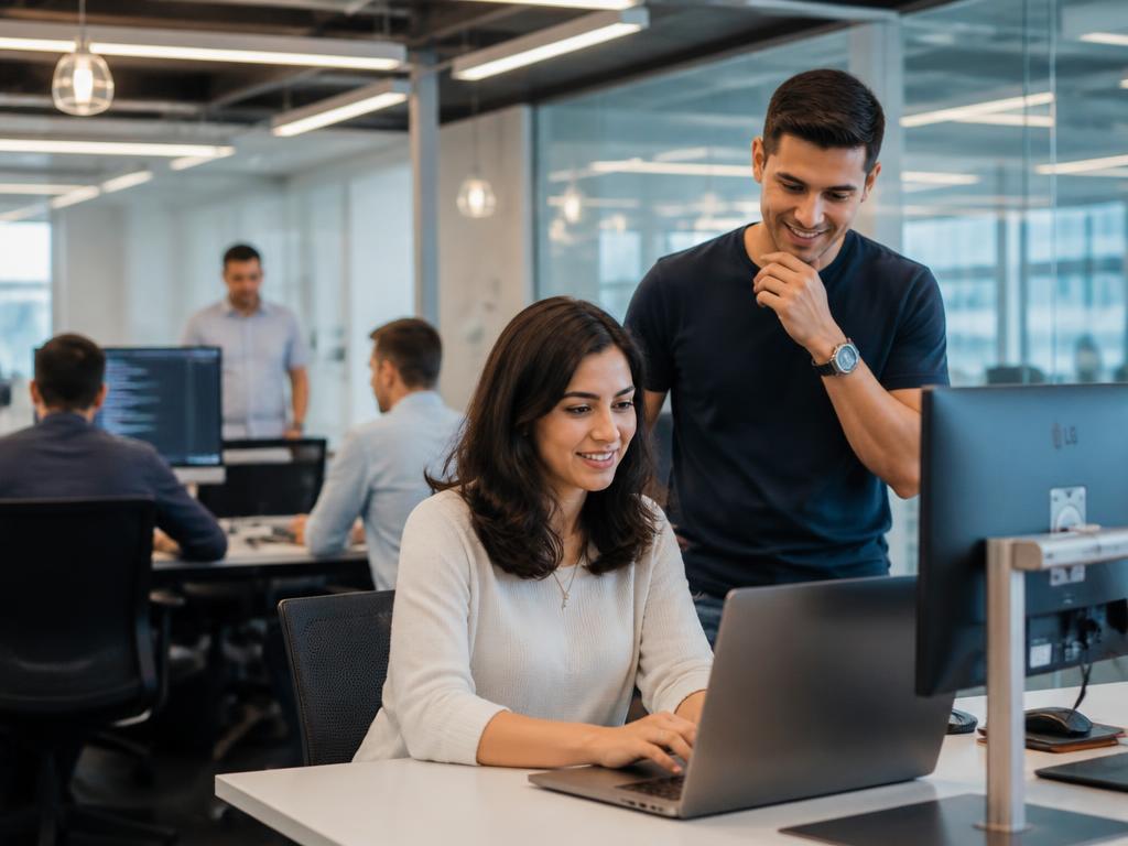 Equipe trabalhando em um escritório corporativo moderno de tecnologia