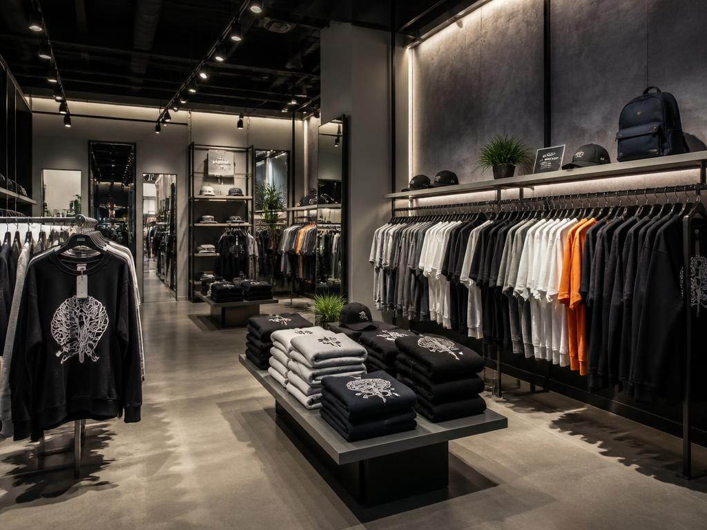 Loja de roupas moderna com araras organizadas e ambiente sofisticado